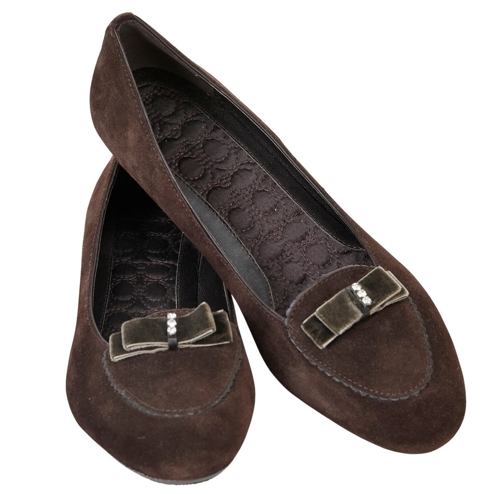 Coach Lidia Brown Suede Ballet Flat Loafer 7 1/2 M Velvet Bow Rhinestone Cottage